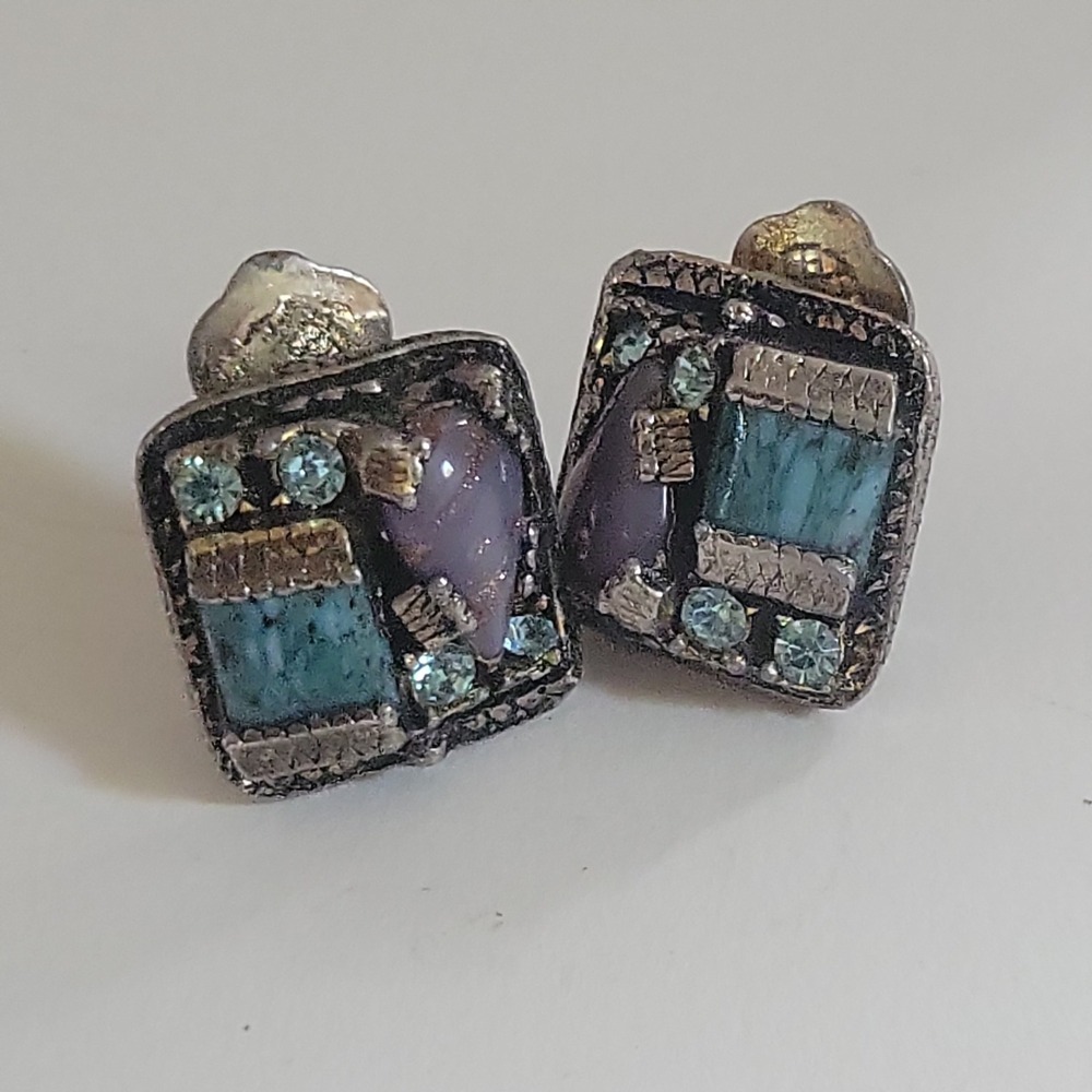 Vintage Mixed Media Faux Turquoise Purple Stone Clip On Earrings  Whimsigoth‎